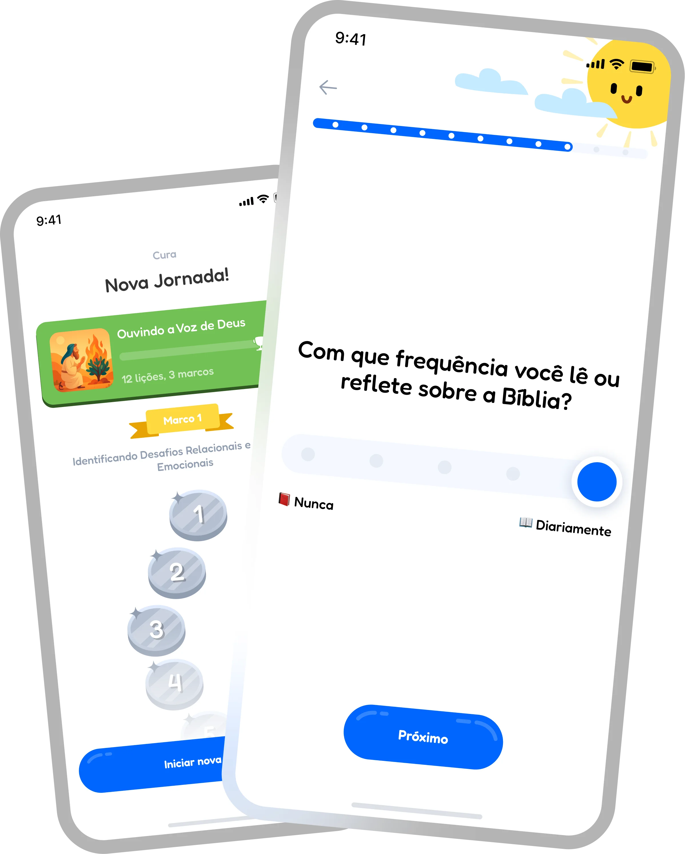 Ecrã inicial de onboarding e lista do caminho das aulas