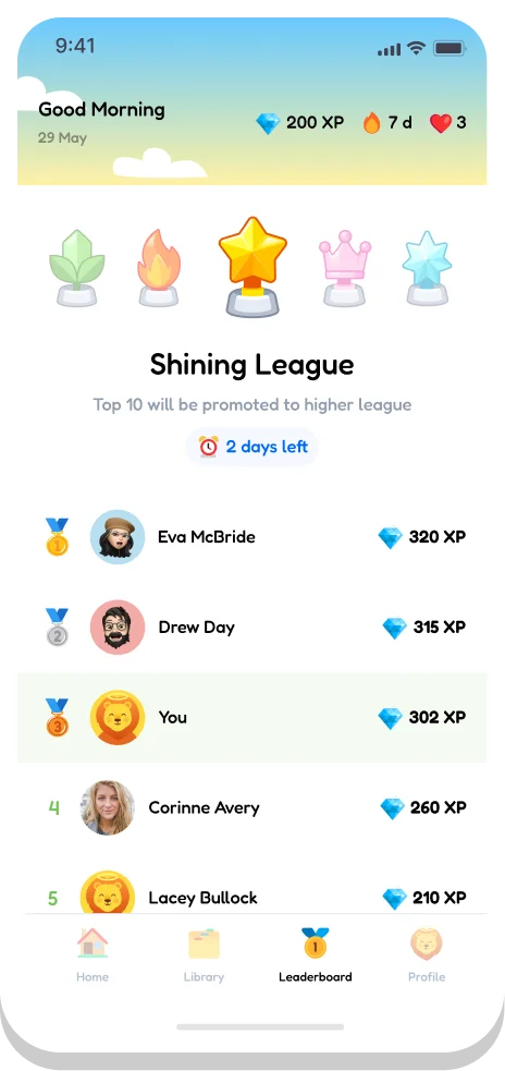 Leaderboard screen with users